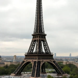 Close-up view of the Eiffel Tower iron lattice and base, showing the torre eiffel sobrevalorada against a cloudy Paris skyline.