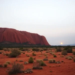 Red sandstone monolith with the sun near the horizon and sparse desert shrubs under a pale sky at uluru atardecer soso.