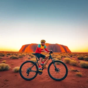 Cyclist on a mountain bike paused in the red desert before Uluru at sunset, uluru bici decepciona