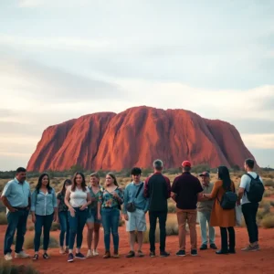 Tour group standing before the red sandstone monolith of Uluru at sunset, uluru decepciona turistas