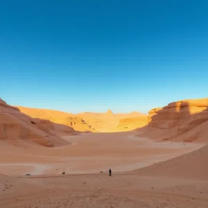 Solitary person in a sunlit desert valley with sandstone cliffs in valle reyes soso.