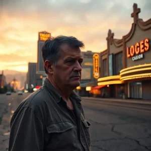 Middle-aged man standing by neon casino marquees at dusk, vegas decepciona