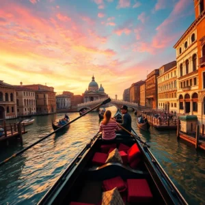 Gondola with two passengers gliding under a dramatic sunset over venecia sobresaturada canals.